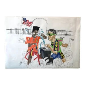 Loren Munk, Mixed Media Neo Expressionist Painting Drawing African American Kids in Park, 1989