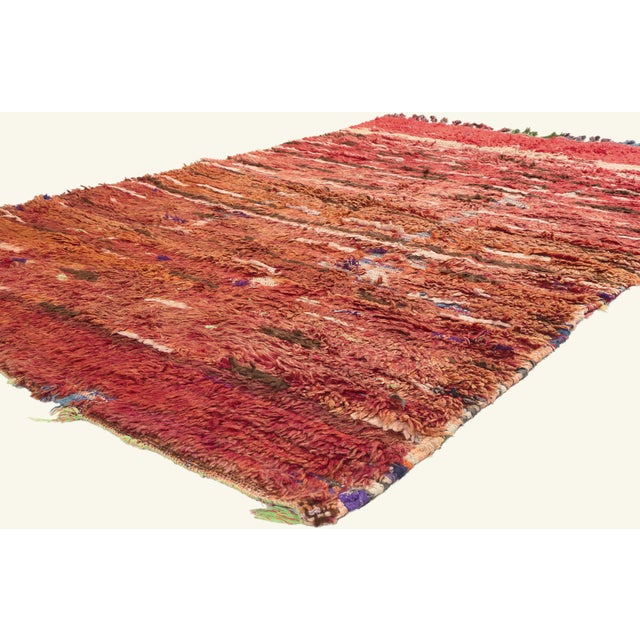 21995 Vintage Azilal Boucherouite Moroccan Rug, 05'02 x 07'04. The Nomad's Crimson Passage: A Vintage Moroccan Azilal...
