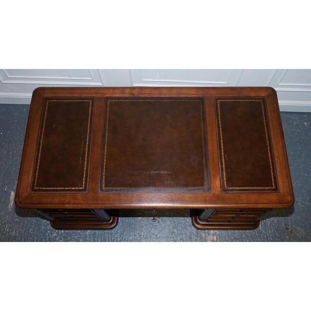 Vintage Hekman Usa Twin Pedestal Desk with Brown Leather Top Brass Handles For Sale - Image 12 of 18