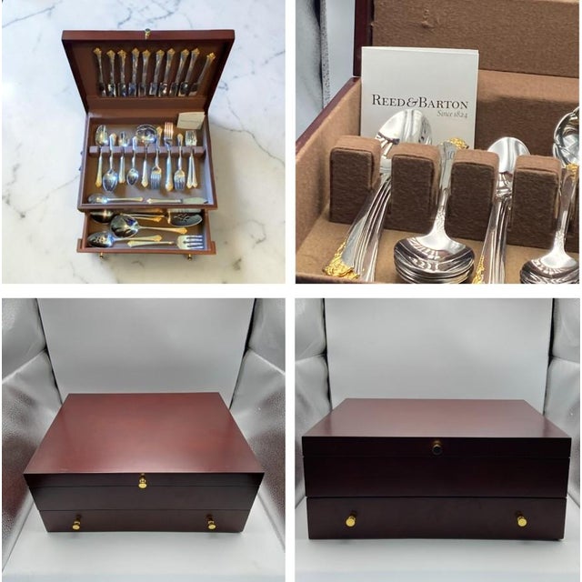 Oneida Cube Golden Damask Rose 59-Piece Set (Service for 10 + 8 Hostess PCS + Wooden Chest) Vintage Stainless Steel With Gold Accent For Sale - Image 15 of 18