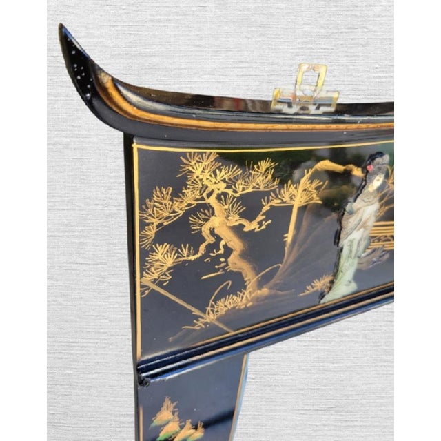 Monumental Vintage Chinoiserie Black Lacquer Soapstone Carved Pagoda Regency Rectangular Mirror For Sale - Image 11 of 14