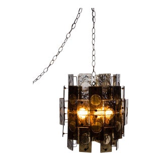 Brutalist Black and Amber Panel Swag Pendant Light For Sale