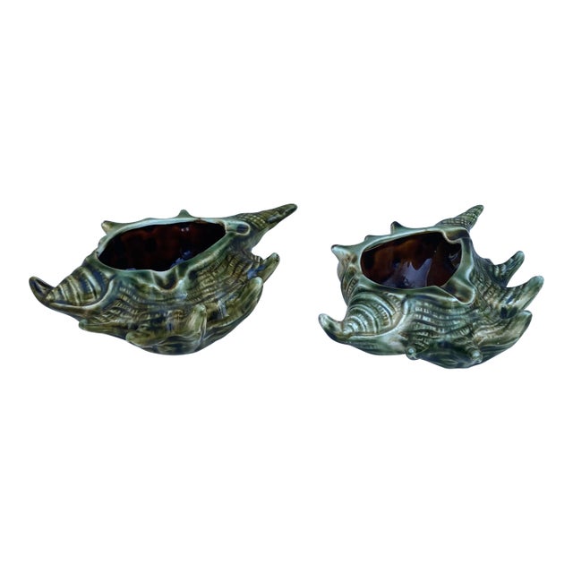 Pair of French Mid-Century Majolica Shell Catchall For Sale