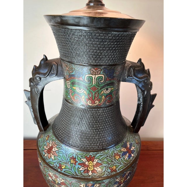 Large 42" Chinese CloisonnÃ© & Bronze Taotie Hu Vase Table Lamp For Sale - Image 14 of 15