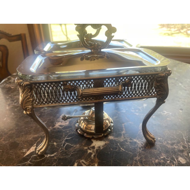 Vintage Silver-Plated Double Chafing Dish with lattice sides and claw feet / Buffet Server with Warming Burners. Two glass...