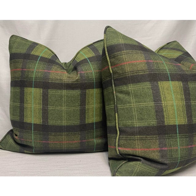 Custom pair of 22" pillows covered in a bright green wool/cotton blend plaid printed fabric. These pillows are self...