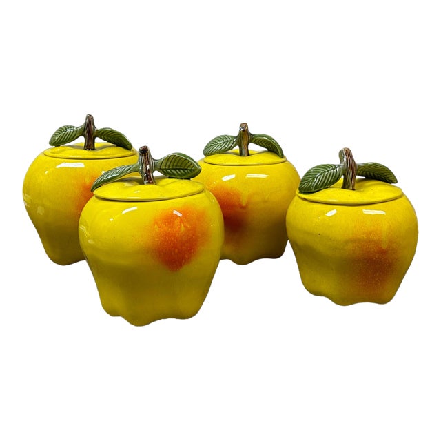 Set of 4 Vintage California Pottery Yellow Blushing / Apple Lidded Jars For Sale