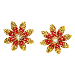 Late 20th Century Pair of 14K Yellow Gold Diamond Red Sapphire Flower Stud Earrings Studs For Sale