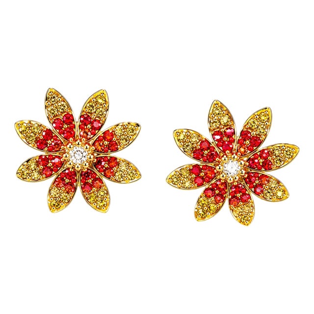 Late 20th Century Pair of 14K Yellow Gold Diamond Red Sapphire Flower Stud Earrings Studs For Sale