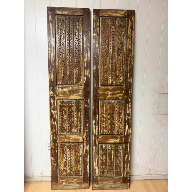 1920s Mid Century Spnaish Style Carved Wood Double Doors With Brass Studs 80 For Sale - Image 5 of 7