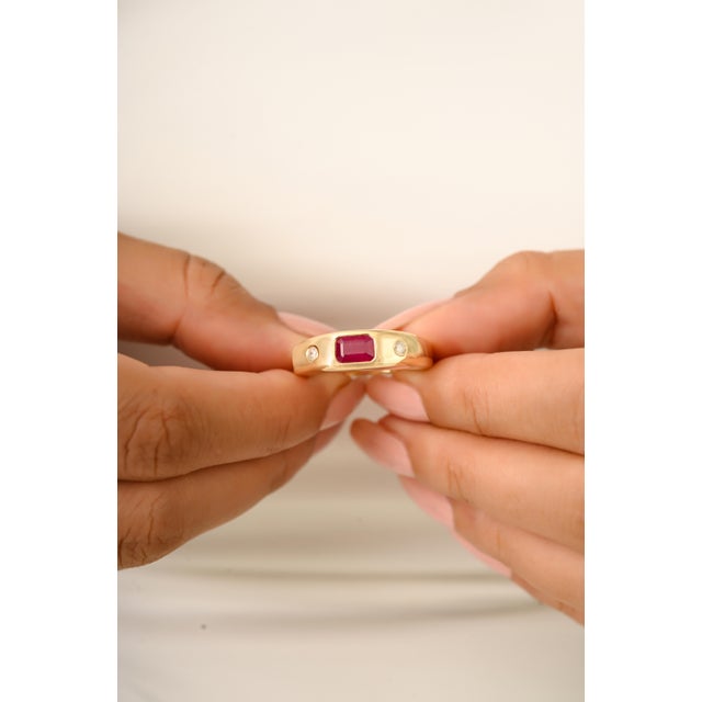 Ruby Red Modernist Chunky Ruby Ring With Round Diamonds in 14k Solid Gold Size 5.5 For Sale - Image 8 of 13