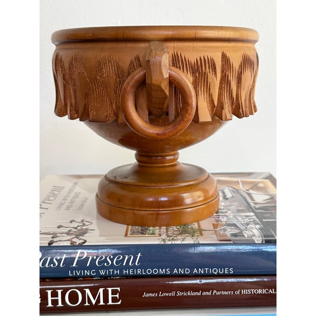 Rustic Vintage Carved Burl Wood Bowl With Ring Handles For Sale - Image 3 of 8