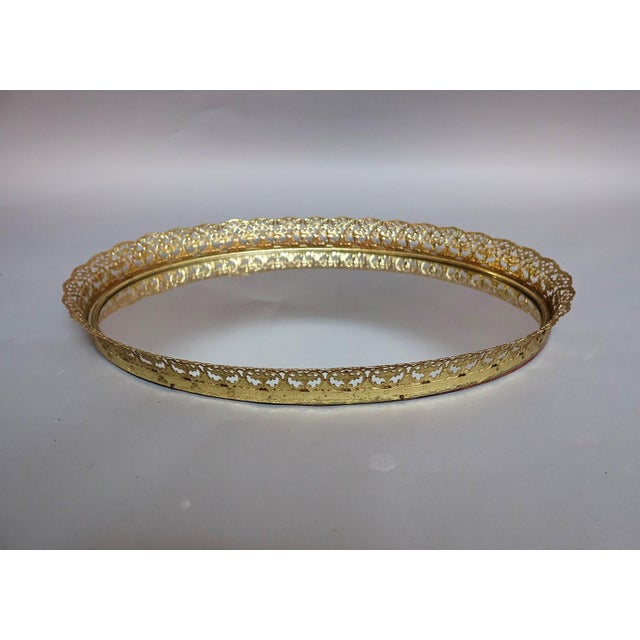 Vintage Hollywood Regency Brass Filigree Oval Mirrored Vanity Tray, C. 1950s For Sale - Image 4 of 5