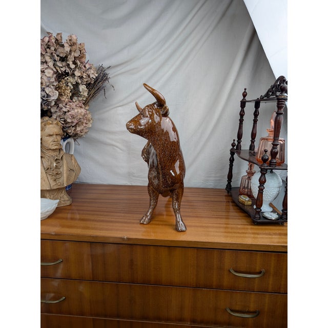 Vintage Art Deco Brown Ceramic & Earthenware Bull Sculpture Zoomorphic, 1980s For Sale - Image 6 of 10