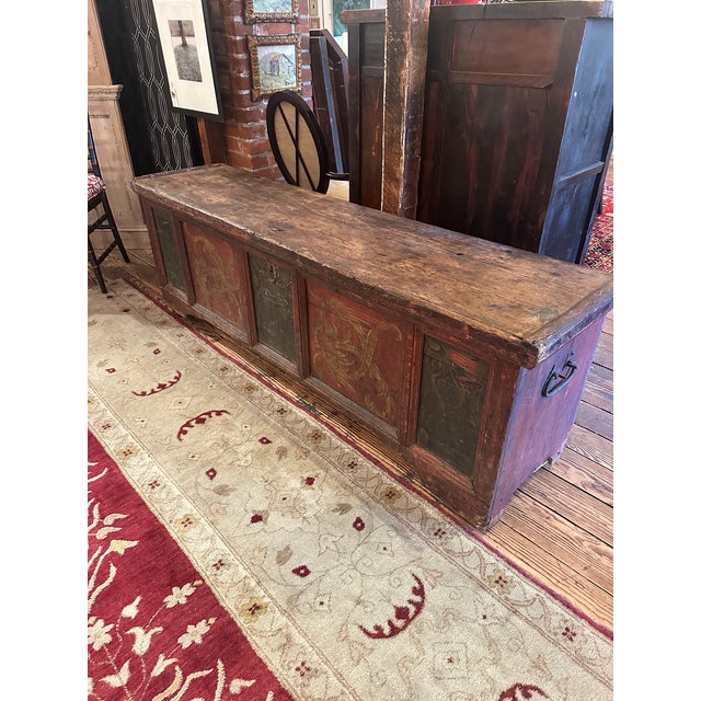 Italian Very Early Hand Painted Italian Large Cassone Trunk With Original Hardware For Sale - Image 3 of 18