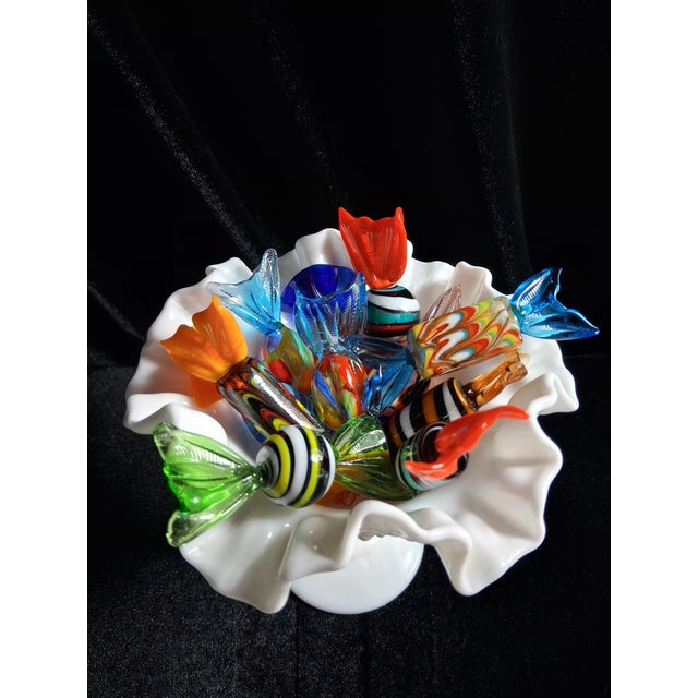 ​A striking 12-piece decorative centerpiece set featuring an authentic vintage Fenton white milk glass hobnail ruffled...