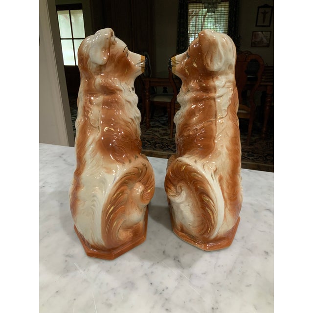 19th Century Antique Pair Bo’Ness Wally Spaniel Mantel Dogs - Staffordshire Style Scottish Pottery W/Glass Eyes & Gilt Details - 12.5” See Pics! For Sale In New Orleans - Image 6 of 12