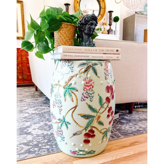 Celadon Vintage Hand-Painted Famille Rose Lychee & Grape Porcelain Garden Stool For Sale - Image 8 of 8