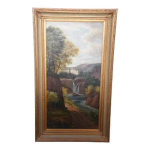 Vintage European Castle River Waterfall Landscape Oil Painting on Canvas 57"