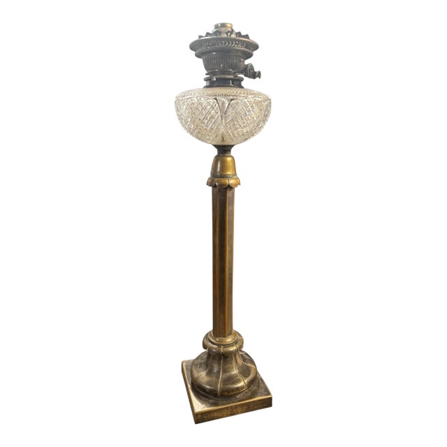 Antique Victorian Palmer & Co Oil Lamp Cut Glass Font Silvered Bronze For Sale