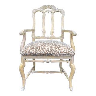 1990s Italian Rustic White Washed Oak Hand Carved Armchair Newly Upholstered in Animal Print For Sale