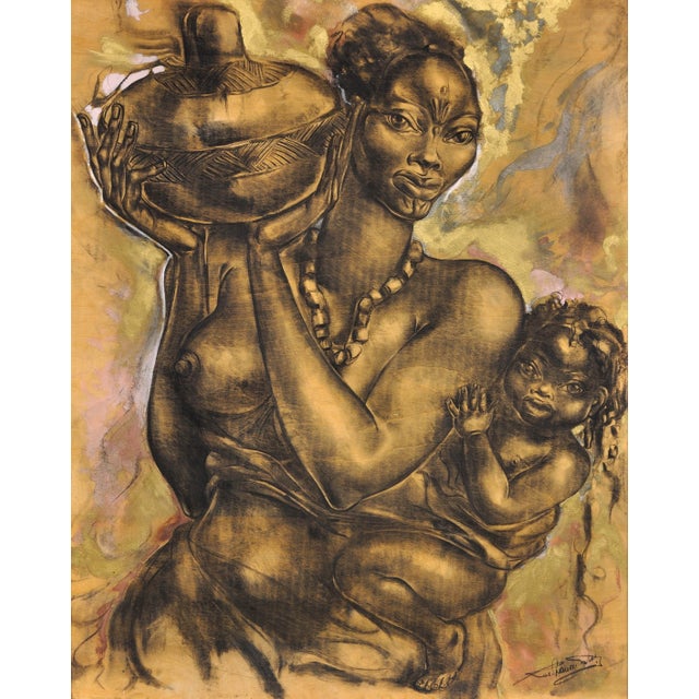 African School. Second half Of The Mid-20th Century. Charcoal, Oil Paint & Spray Paint On Plywood Panel. Signed...