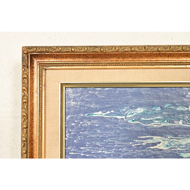 Blue Original Artist Signed Abstract Rocky Seascape Oil Painting in Carved Giltwood Frame For Sale - Image 8 of 13