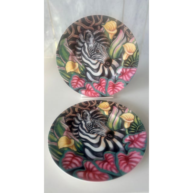 Hot Pink Late 20th Century Fitz and Floyd Exotic Jungle Zebra Plates-Set of 2 For Sale - Image 8 of 10