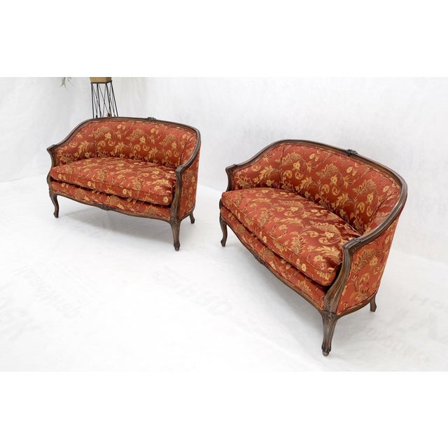 Carved Walnut Country French Down Cushions Compact Sofas - A Pair For Sale - Image 11 of 12