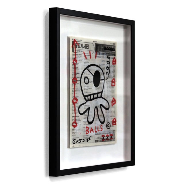 Contemporary Squid Pirate - Framed Original Pop Street Art Acrylic Painting on Korean Newspaper by Gary John For Sale - Image 3 of 10