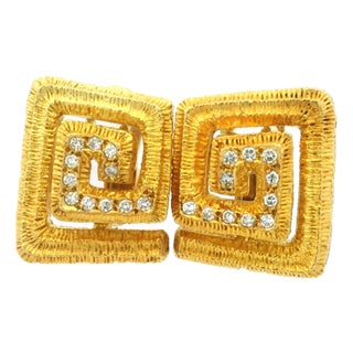 Ilias Lalaounis 18k Gold Diamond Textured Geometric Earrings, Circa 1970s, A Pair For Sale