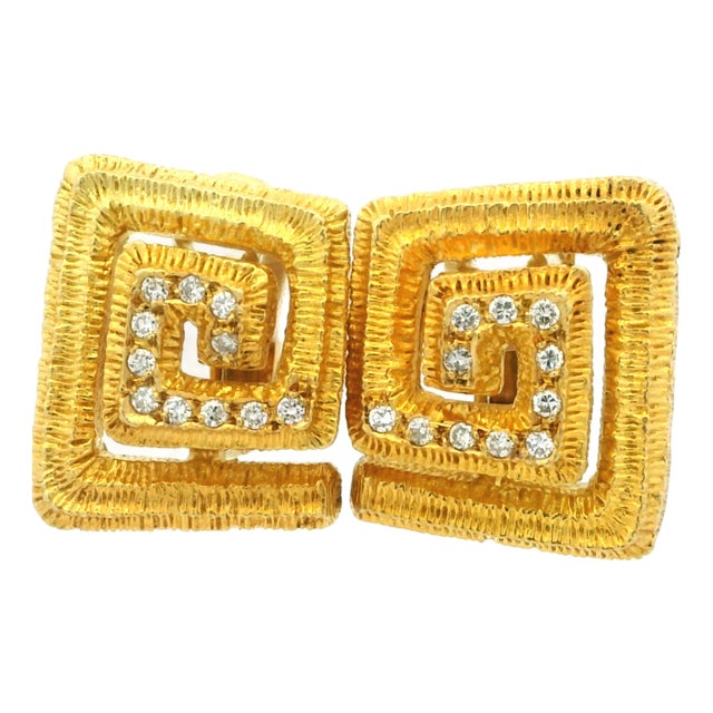 Ilias Lalaounis 18k Gold Diamond Textured Geometric Earrings, Circa 1970s, A Pair For Sale