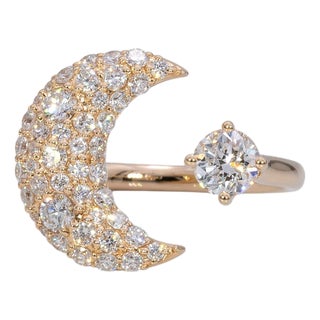 1.2Ct Lab Grown Diamond Moon Ring With Diamond Accents in Solid 14k Gold, Size 6.75 For Sale