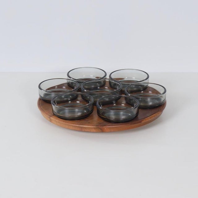 Lazy Susan with glass bowls, a practical snack carousel from the 1960s for serving snacks, nuts or dips. The round teak...
