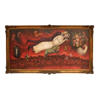 XL Mid 20th Century Surrealist Painting, Manner of Chagall, Framed For Sale