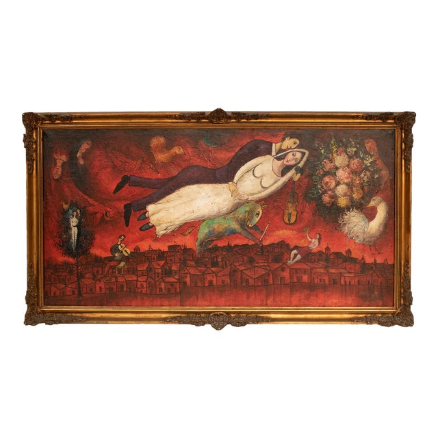 XL Mid 20th Century Surrealist Painting, Manner of Chagall, Framed For Sale