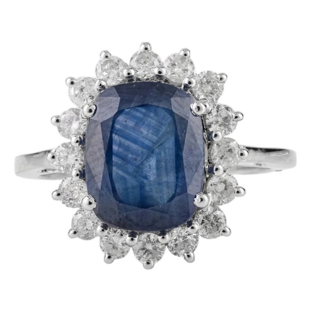 3.73 Ct Cushion Cut Natural Sapphire & Diamond Halo 14k Gold Statement Ring Size 6 For Sale
