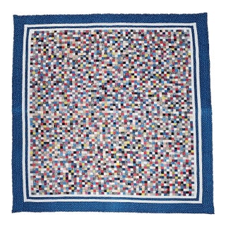 Vintage Hand Stitched and Hand Quilted Postage Stamp Quilt in Blue, Ivory, Red For Sale
