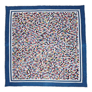 Vintage Hand Stitched and Hand Quilted Postage Stamp Quilt in Blue, Ivory, Red