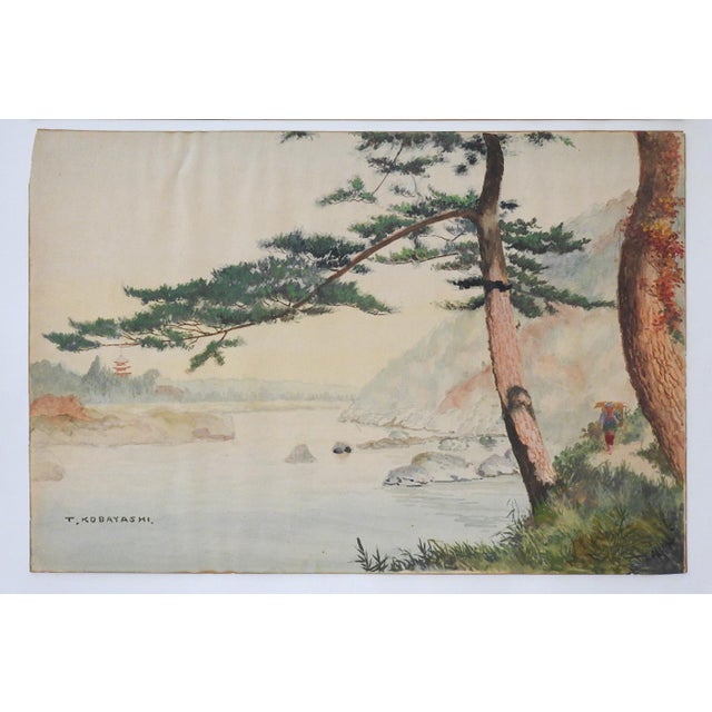 Paper Early 20th Century Japanese Watercolor Landscape Paintings - A Pair For Sale - Image 7 of 7