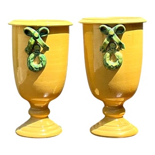Vintage Italian Pedestal Ceramic Vases With Bow Detail For Sale