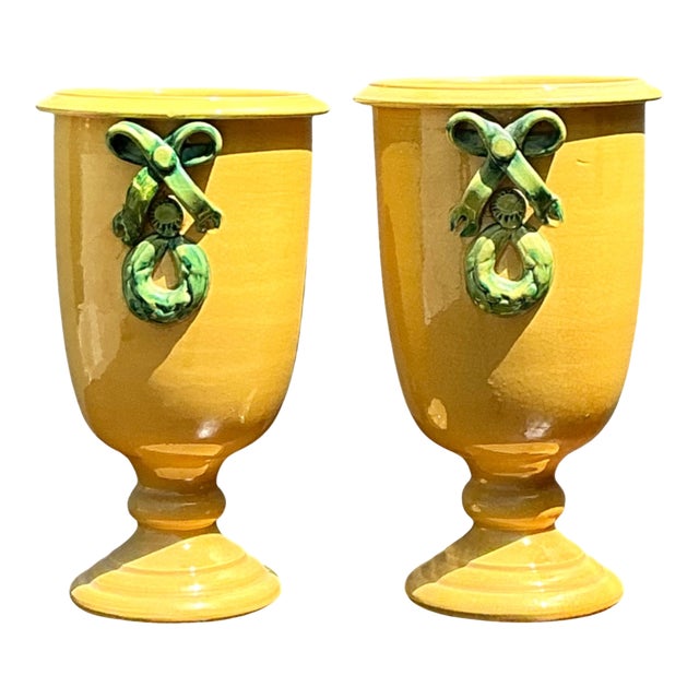 Vintage Italian Pedestal Ceramic Vases With Bow Detail For Sale