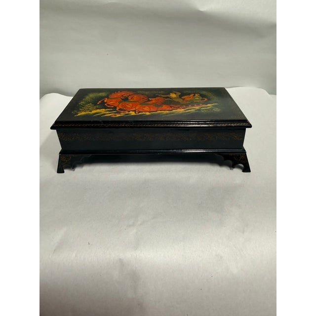 Hand-Painted Russian Lacquered Box With Horse and Sleigh Design For Sale - Image 4 of 12