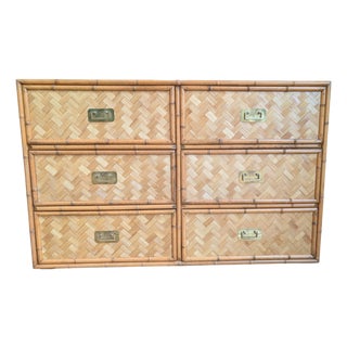 Vintage Faux Bamboo 6-Drawer Dresser With Herringbone Parquet Rattan Fronts, in the Style of Dixie For Sale
