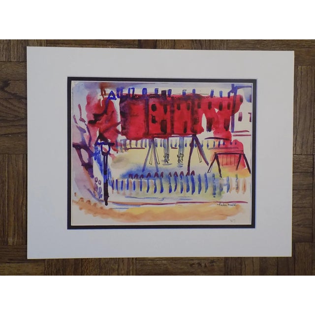 Red Vintage Original Mid 20th Century Modernist Watercolor/Paper-Cityscape-Helen Malta-Signed For Sale - Image 8 of 8