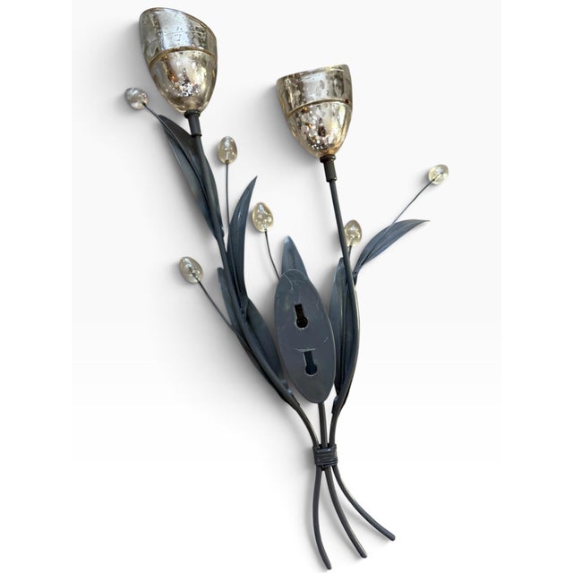 Vintage Botanical Metal & Glass Wall Sculpture | Floral Candle Holder For Sale - Image 4 of 6