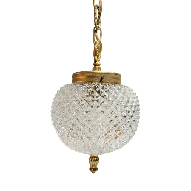 Vintage Pendant Light in Textured Glass and Brass For Sale