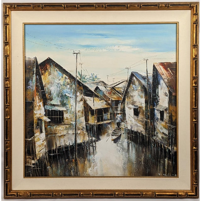Mid 20th Century Attributed to Trần Quang Hiếu, Signed Vietnamese Stilt Village Oil Painting For Sale - Image 9 of 18