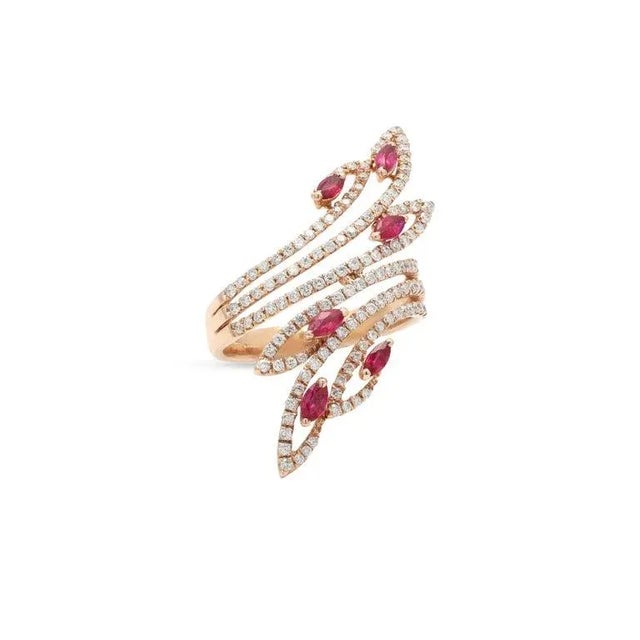 14k Rose Gold Marquise Cut Ruby Cocktail Ring With Diamonds Size 7 For Sale In New York - Image 6 of 10