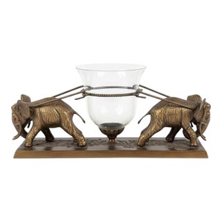 Vintage 1980s Brass Elephant & Glass Hurricane Centerpiece - Maitland-Smith Style For Sale
